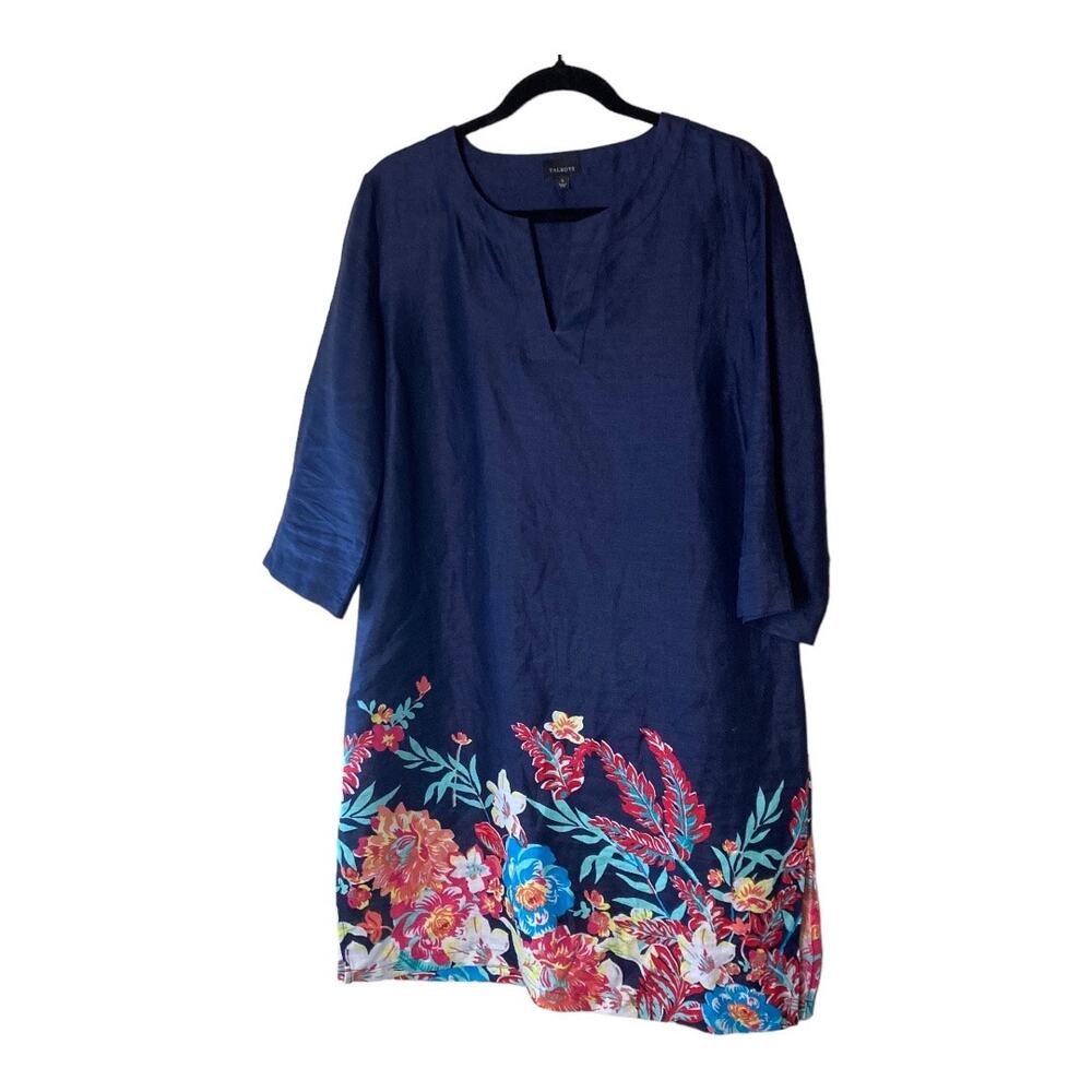Talbots 100% Linen Navy Blue‎ Shift Dress w Floral design Small